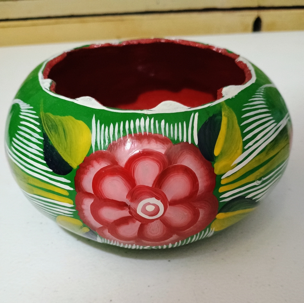 Hand-Painted Green and Red Floral Gourd Bowl